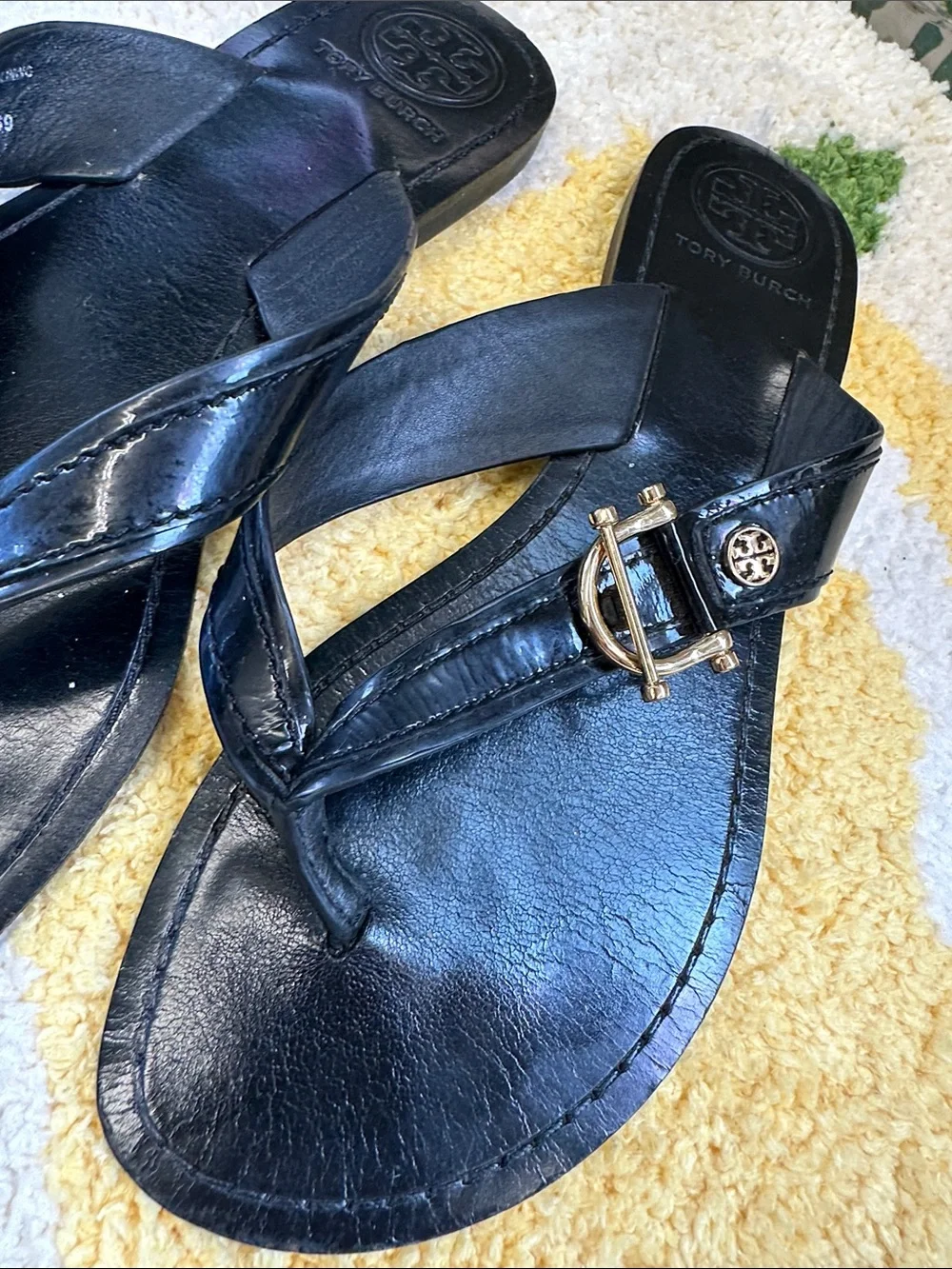 Tory Burch Black Leather Thong Sandals with Gold Logo Hardware